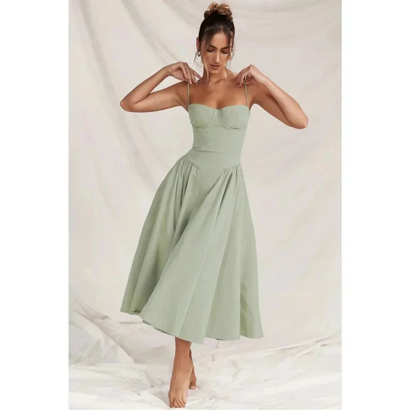 Backless Suspender Midi Dress Sleeveless A Line Style For Evening Wear