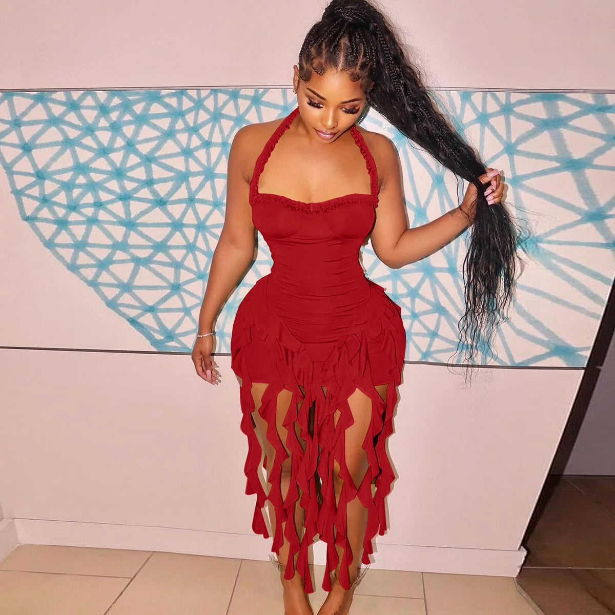 Elegant Halter Backless Ruffles Mini Dress Slim Fit With Tassel Detail