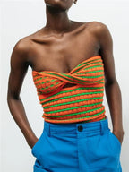 Off Shoulder Knit Tube Top With Stripe Backless Bustier Cropped