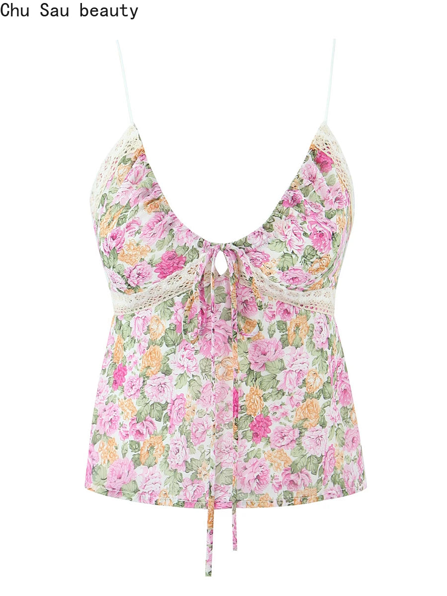 Floral Print Chiffon Sexy Backless Slim Super Short Lace Camis Top