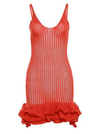 Open Knit Crochet Cami Mini Dress With Ruffle Hem