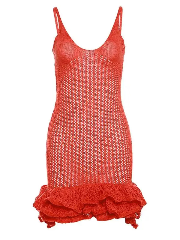 Open Knit Crochet Cami Mini Dress With Ruffle Hem