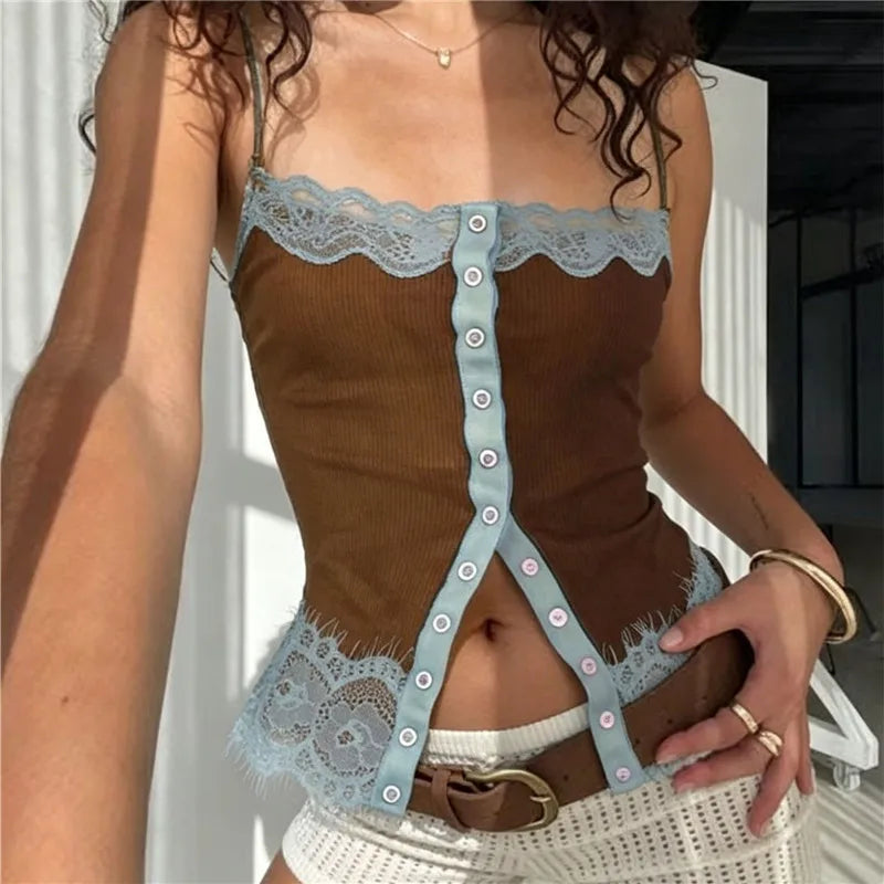 Lace Trim Spaghetti Strap Camisole With Front Button V Neck