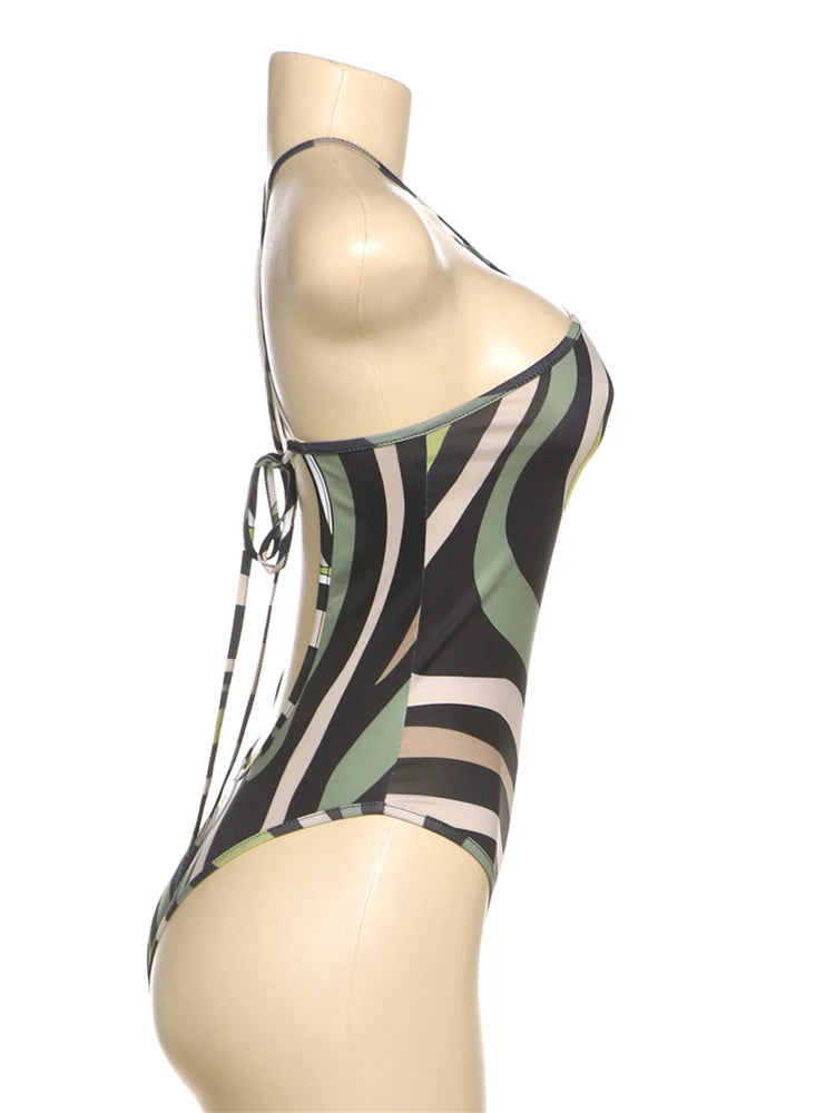 Paneled Striped Bodysuits Hipster Halter Backless Off Shoulder Slim Rompers Swimsuit