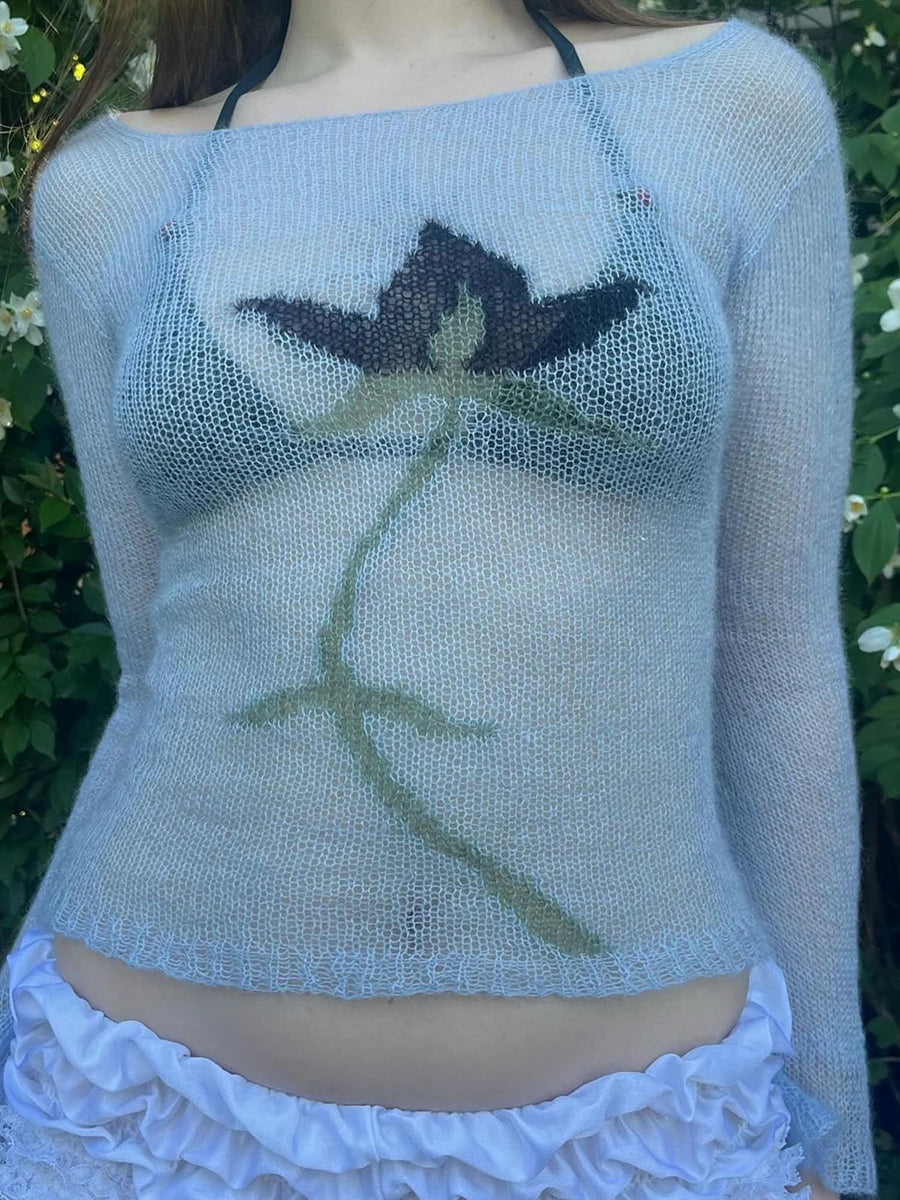 Vintage Floral Cottage Knit Crop Top With Sheer Mesh Detail