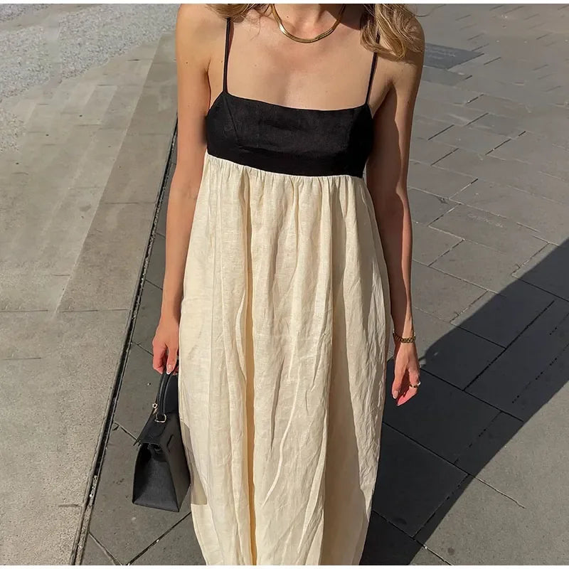 Contrast Splicing Loose Sling Long Women Square Collar Sleeveless Backless High Waist Dress