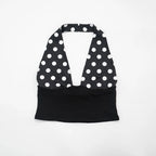 Patchwork Polka Dot Print Two Piece Set With Backless Halter Crop Top And Pleated Waist Capri Pants