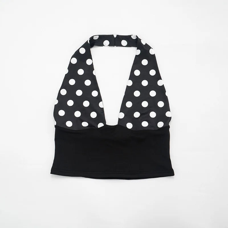 Patchwork Polka Dot Print Two Piece Set With Backless Halter Crop Top And Pleated Waist Capri Pants