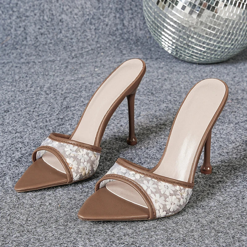 Embroidered Breathable Mesh Pointed Toe Heels