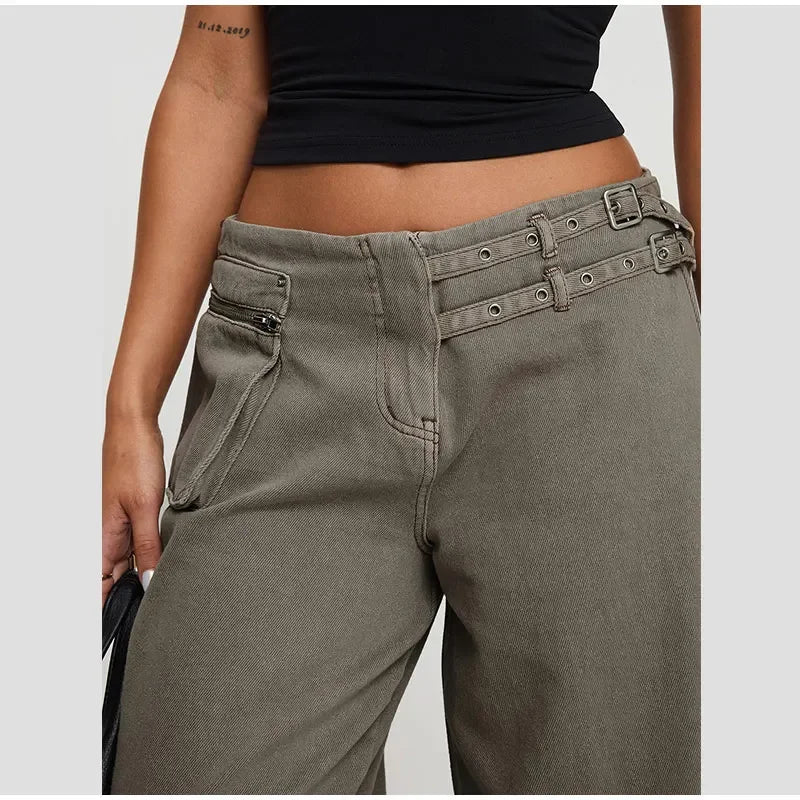 Street Style Mid Rise Wide Leg Denim Pants With Deep Pockets