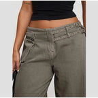 Street Style Mid Rise Wide Leg Denim Pants With Deep Pockets
