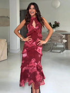 Boho Floral Halter Maxi Dress With Cutout And Tiered Ruffles Sleeveless