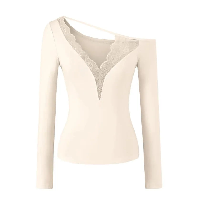 Soft Cotton Long Sleeve Lace Trim V Neck Top Feminine Style