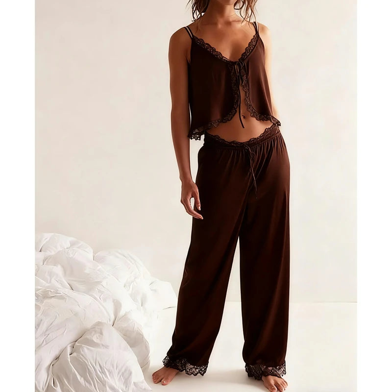 Satin Silk Pajamas Set Floral Lace Trim Tie Front Split Camisole Tops+ Straight Leg Pants 2Pcs Sleepwear