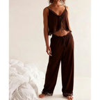 Satin Silk Pajamas Set Floral Lace Trim Tie Front Split Camisole Tops+ Straight Leg Pants 2Pcs Sleepwear
