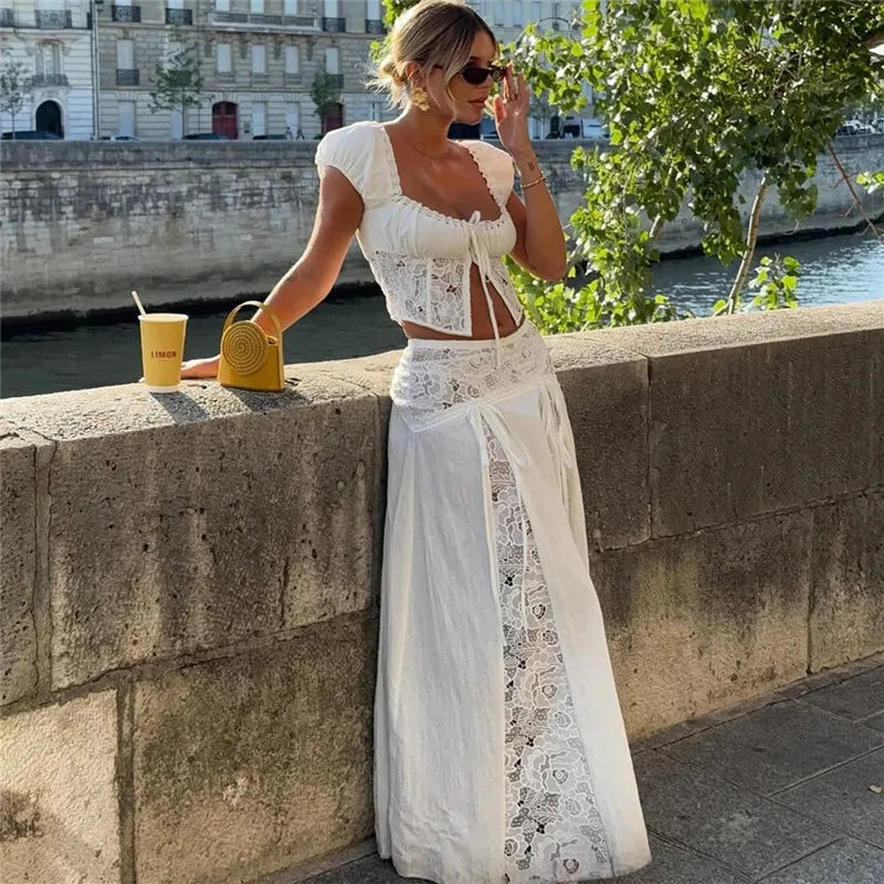 Women Two Piece Set White Lace Patchwork Off Shoulder Short Sleeve Crop Top With Long Skirt