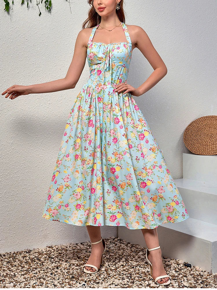 Floral Halter Midi Dress With Spaghetti Straps, Backless Corset Waist Tie Up Detail