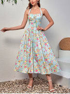 Floral Halter Midi Dress With Spaghetti Straps, Backless Corset Waist Tie Up Detail