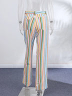 Vivid Multicolor Stripe Wide Leg Jeans With Pockets Low Waist Denim Trousers