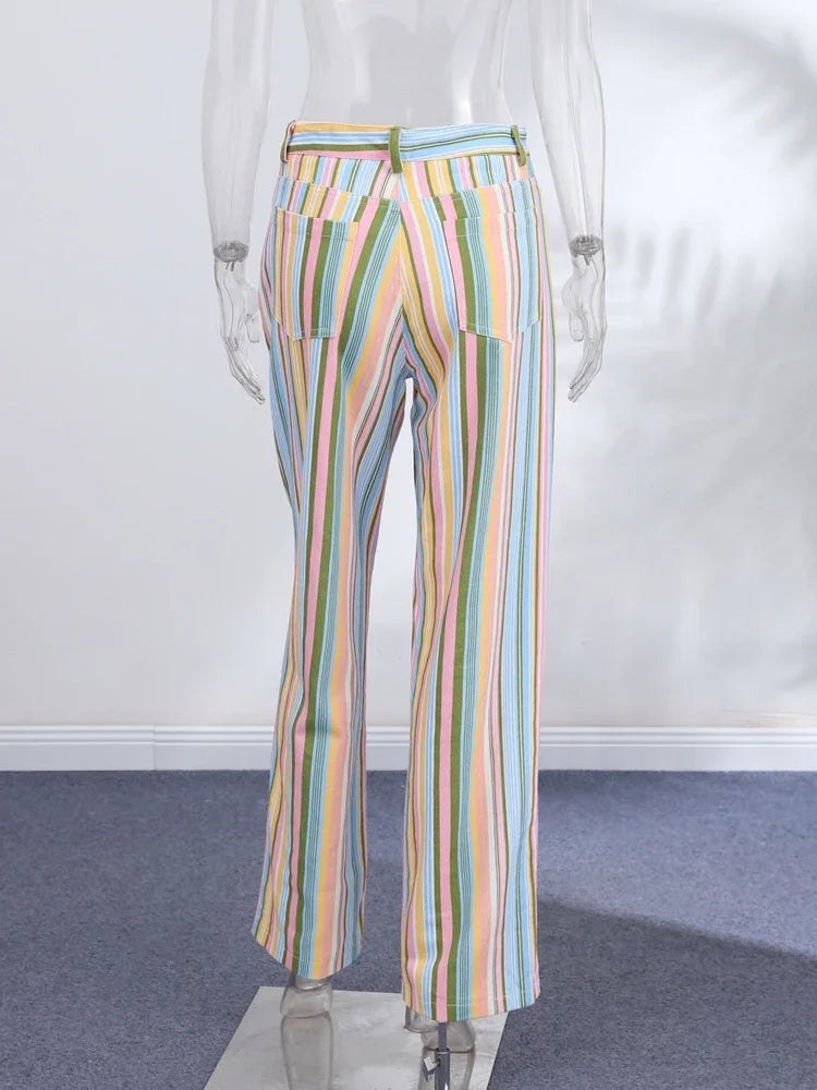 Vivid Multicolor Stripe Wide Leg Jeans With Pockets Low Waist Denim Trousers