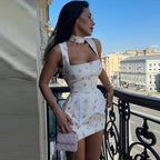 Floral Printed Waistband Short Dress With Square Collar Sleeveless Zipper
