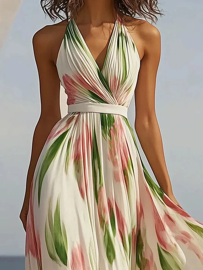 Floral Sleeveless V Neck Belted Print Maxi Dress