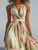 Floral Sleeveless V Neck Belted Print Maxi Dress