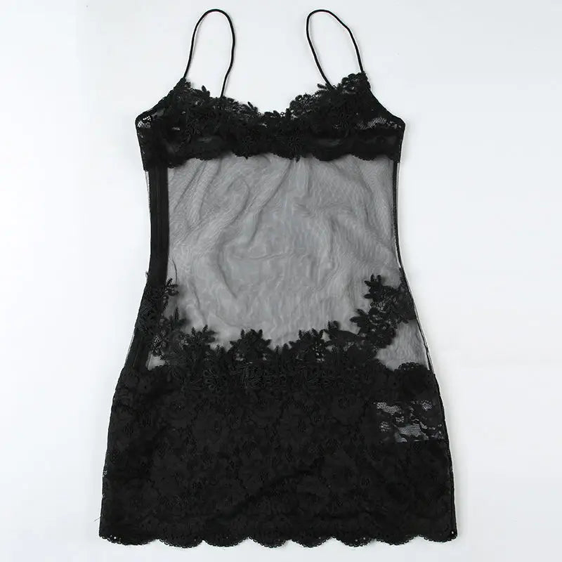 Sheer Lace Mesh Camisole Mini Dress