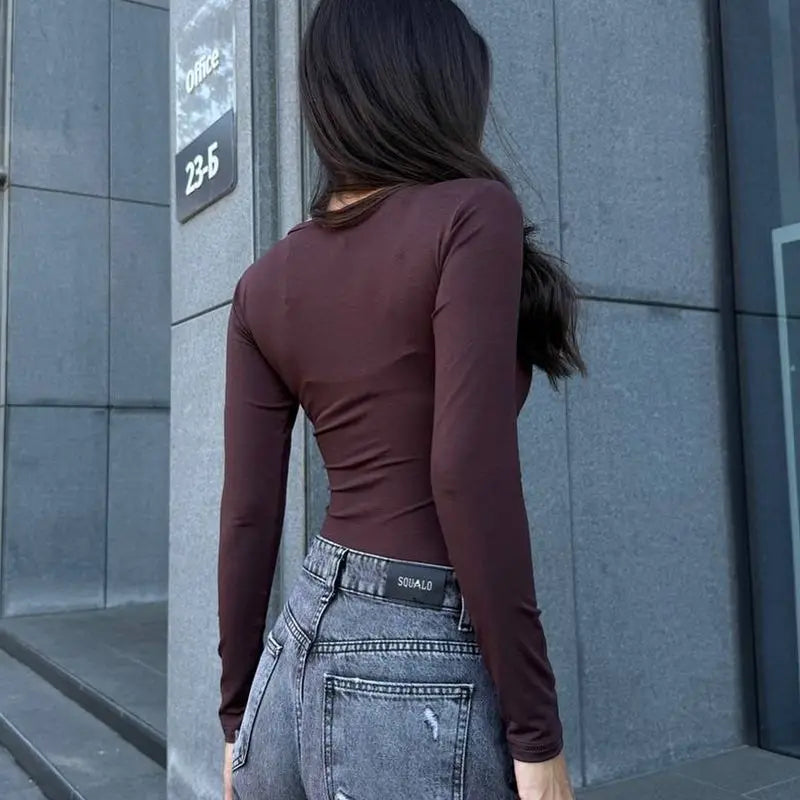 Bodysuit Metallic Decor Crew Neck Long Sleeve Slim Fit
