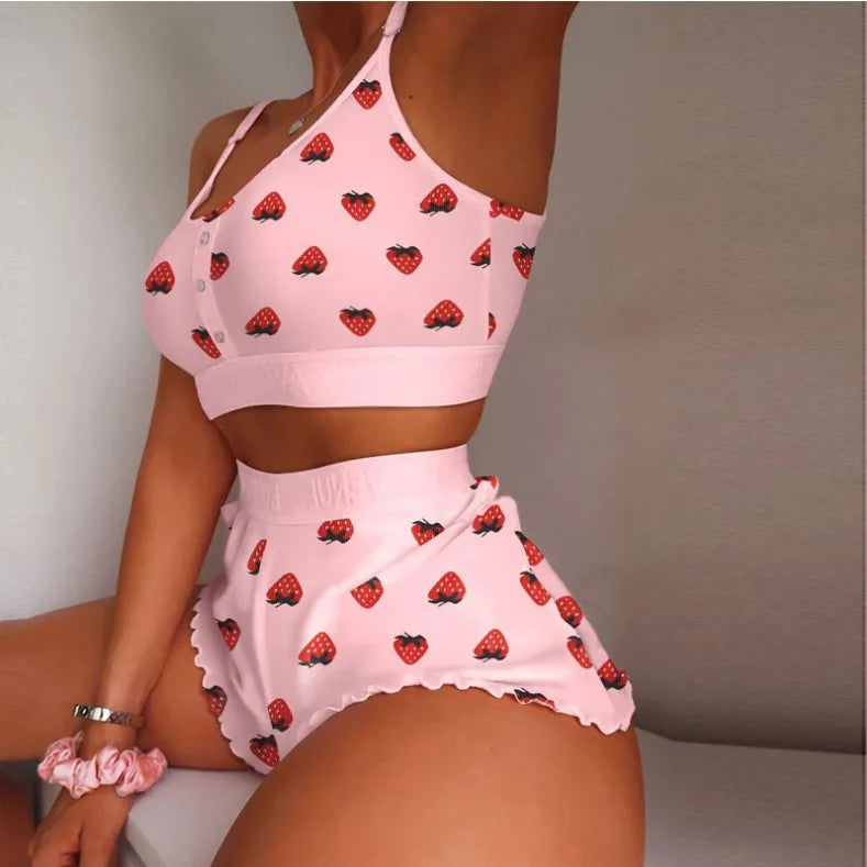 Two Piece Set Women's Pajama Shorts Suit Multiple Print Underwear Sexy Lingerie Camisoles