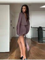 Draped Elegant Romper Batwing Sleeve Ruched Waist Tie