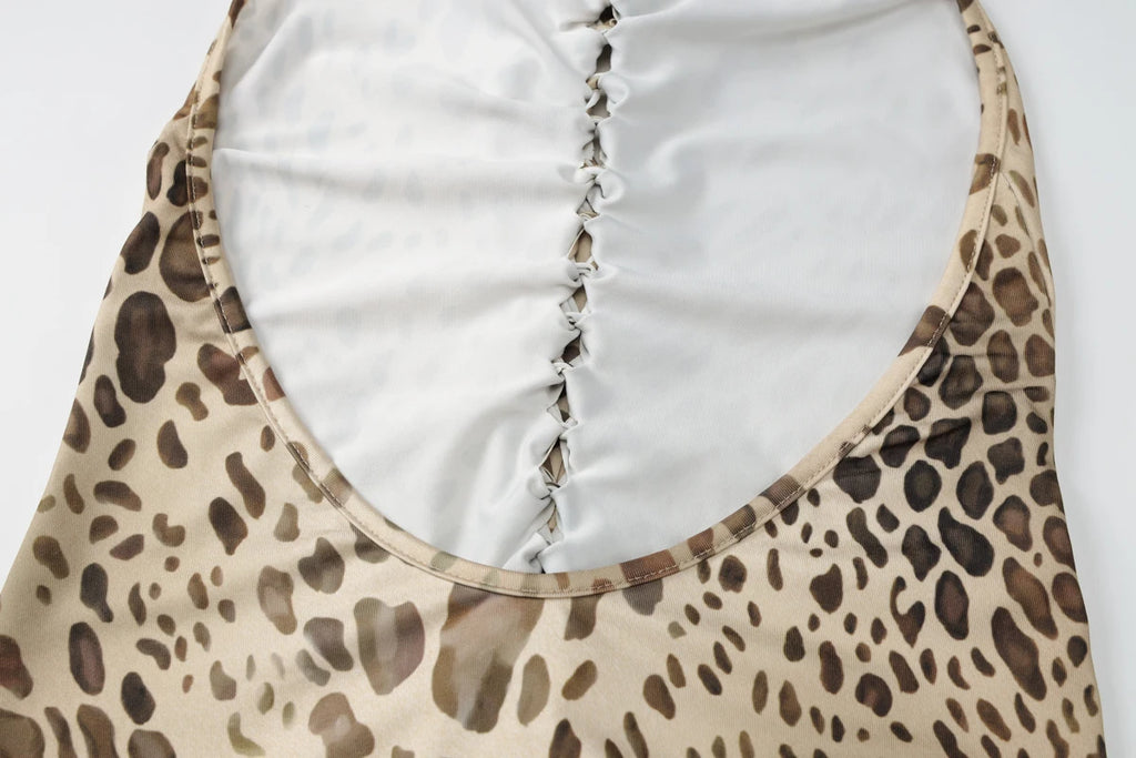 Leopard Print Turtleneck Sleeveless Backless Maxi Dress With Cutout Slit