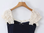 Women's Navy Blue Bustier Blouse With White Patchwork Lace-Up Front