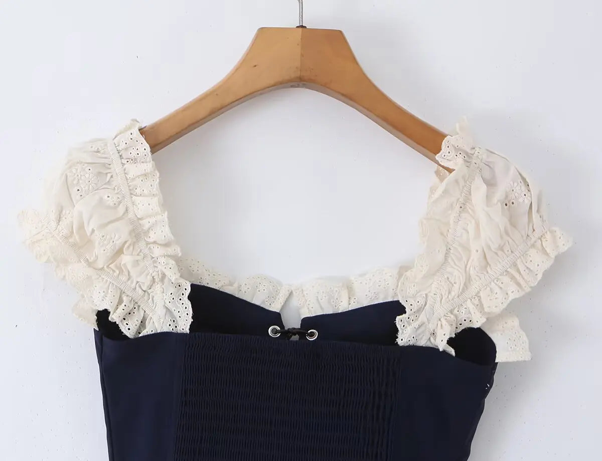 Women's Navy Blue Bustier Blouse With White Patchwork Lace-Up Front