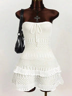 Sexy Women Knit Beach Dress Hollow Out Sleeveless Bikini Cover-Ups Mini Dress