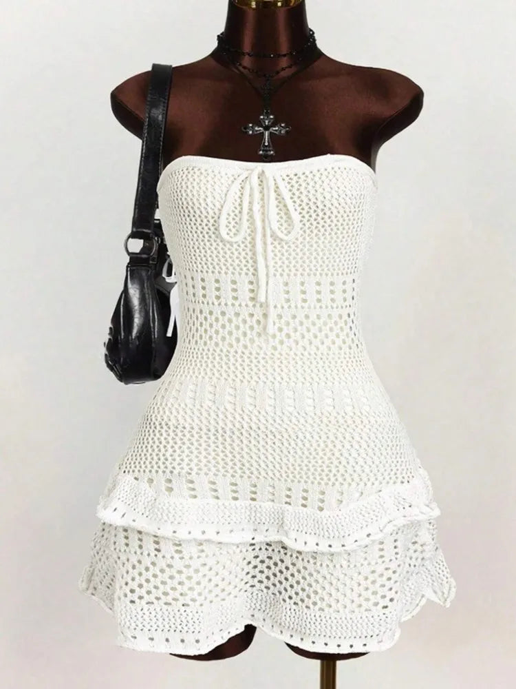 Sexy Women Knit Beach Dress Hollow Out Sleeveless Bikini Cover-Ups Mini Dress