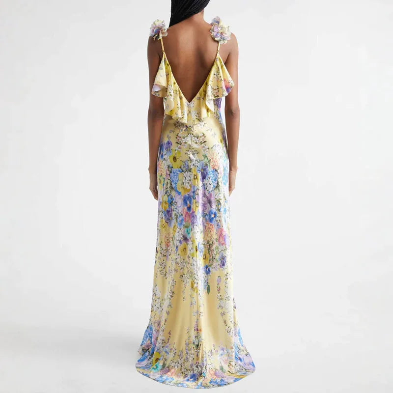 Floral Boho Sleeveless Maxi Dress With Flower Straps V Neck