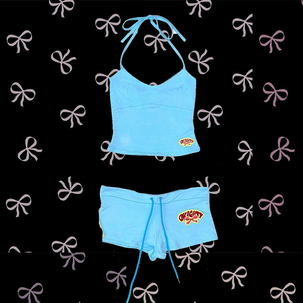 Graphic Letter Print Crop Top With Shorts Grunge Streetwear Vibe