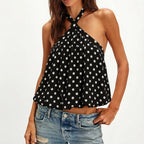 Cross Button Halter Top With Backless Design And Puffball Hem