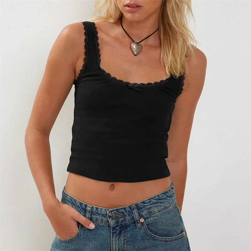 Coquette Lace Trim Knit Crop Top With Bow Sleeveless Square Collar