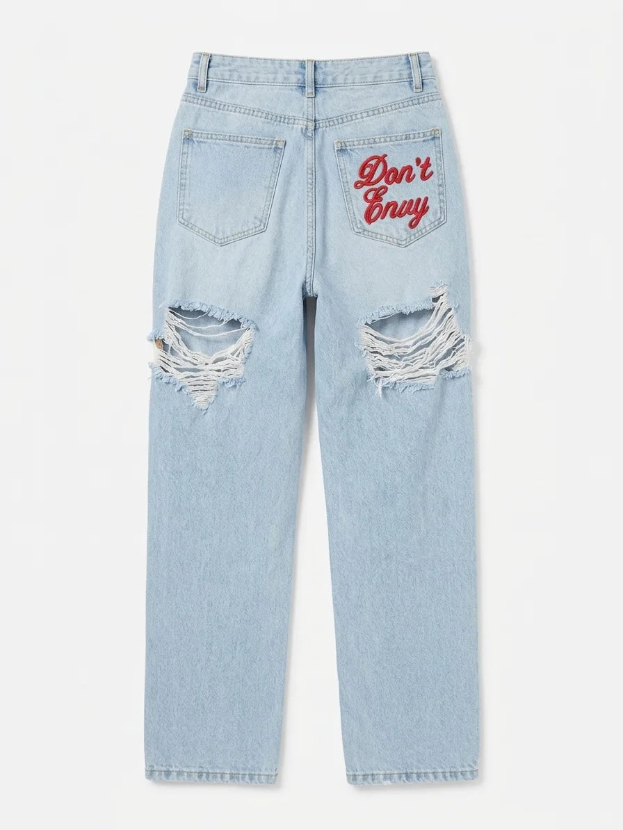 Edgy Vintage Streetwear Denim Jeans With High Waist Ripped Back Panels Embroidered Letter Print Straight Leg
