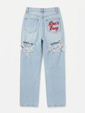 Edgy Vintage Streetwear Denim Jeans With High Waist Ripped Back Panels Embroidered Letter Print Straight Leg