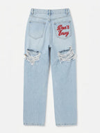 Edgy Vintage Streetwear Denim Jeans With High Waist Ripped Back Panels Embroidered Letter Print Straight Leg