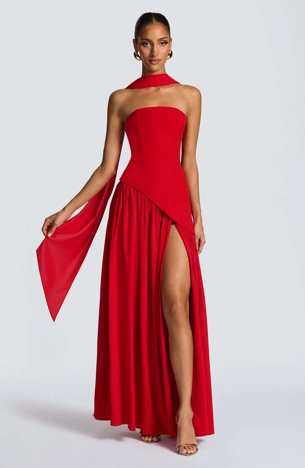 Elegant Off-Shoulder Evening Gown With Patchwork Pleats And Scarf Neck High Split Long Dress
