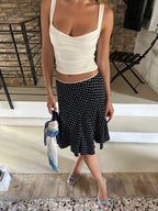 Black Polka Dot Print Midi Skirt With Low Waist Lightweight Knit