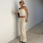 Strapless Crop Top And High Waist Ruched Flare Pants Set