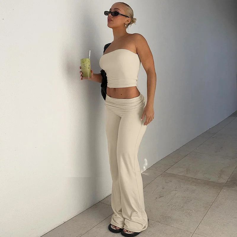 Strapless Crop Top And High Waist Ruched Flare Pants Set