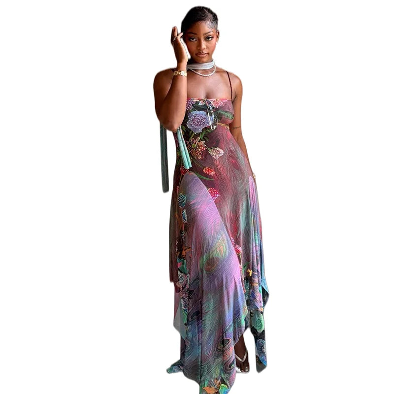 Floral Halter Maxi Set With Backless Design