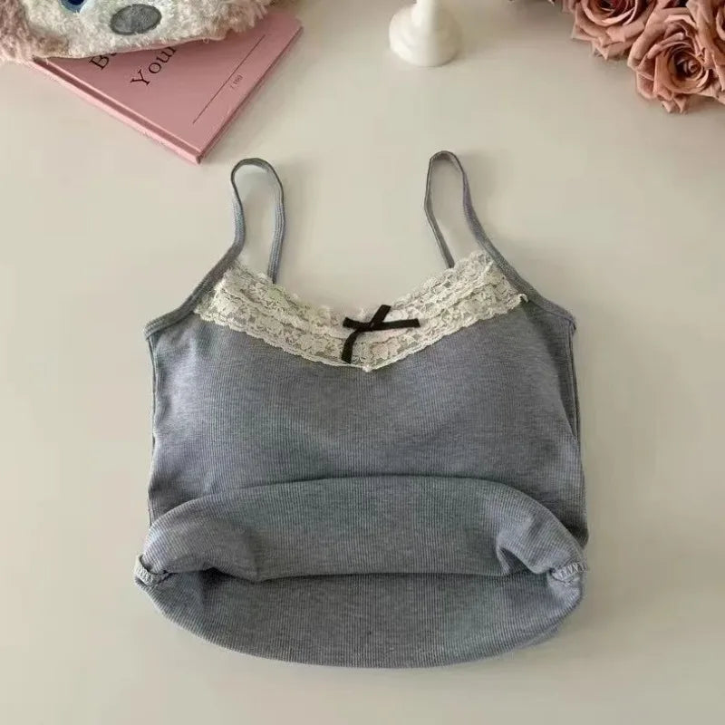 Lace Patchwork Corset Cami Featuring Bow And Chest Pad
