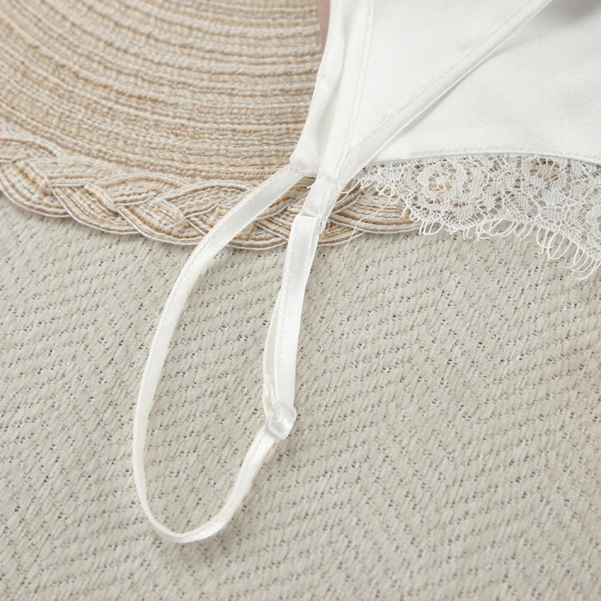 Sexy White Spaghetti Strap Short Lace Pullover Ruched Backless Nightgown